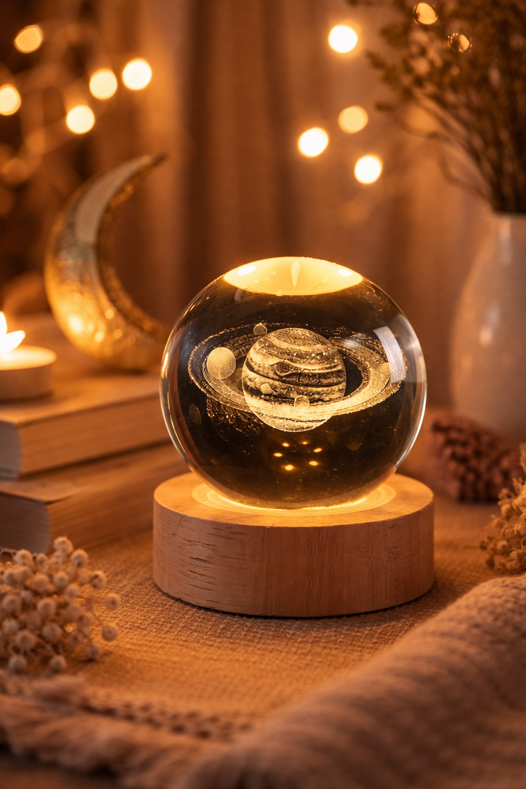 Lámpara Saturno en Cristal 3D – Ilumina sueños, conecta universos